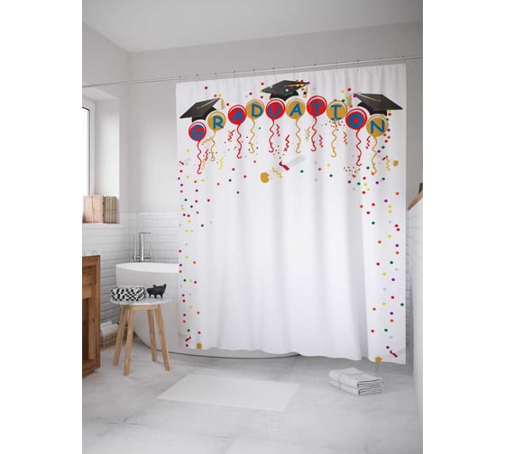 Штора (занавеска) для ванной JoyArty "Поздравление с выпуском" из сатена, 180х200 см с крючками, sc_4504 1