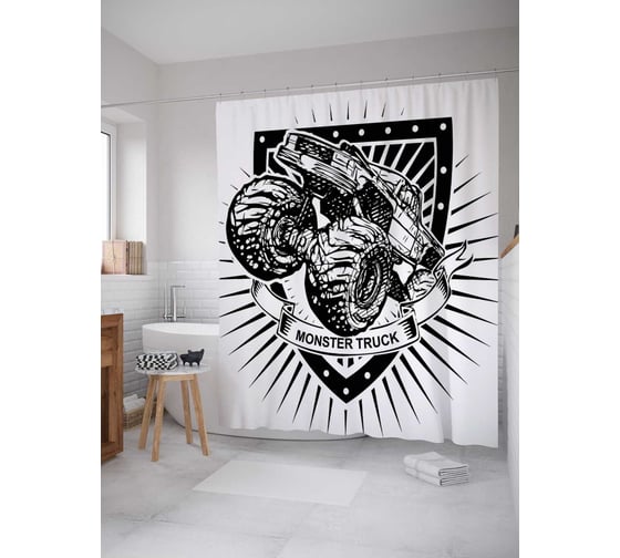 Штора (занавеска) для ванной JoyArty "Вездеход ретро" из сатена, 180х200 см с крючками, sc_32944