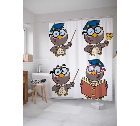 Штора (занавеска) для ванной JoyArty "Умная сова" из сатена, 180х200 см с крючками, sc_4506 1