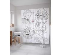 Штора (занавеска) для ванной JoyArty "Японские зарисовки" из сатена, 180х200 см с крючками, sc_37831