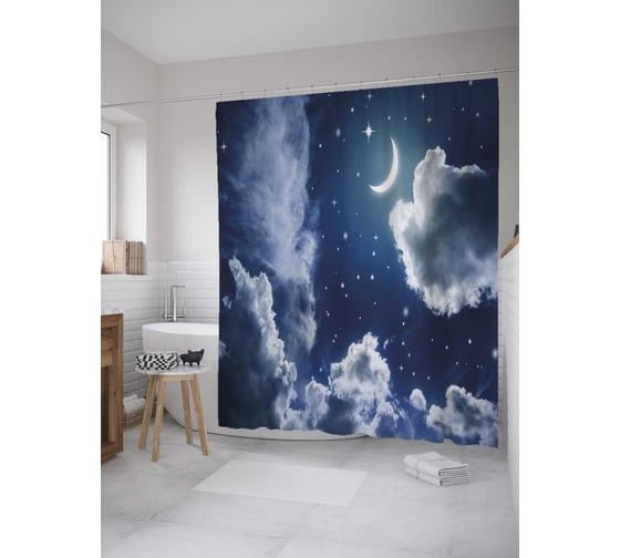 Штора (занавеска) для ванной JoyArty "Растущий месяц в облаках" из сатена, 180х200 см с крючками, sc_35622