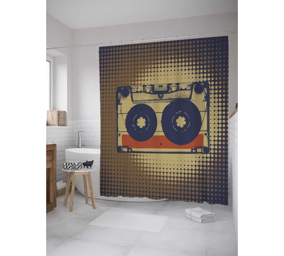 Штора (занавеска) для ванной JoyArty "Ретро кассета" из сатена, 180х200 см с крючками, sc_33622 1