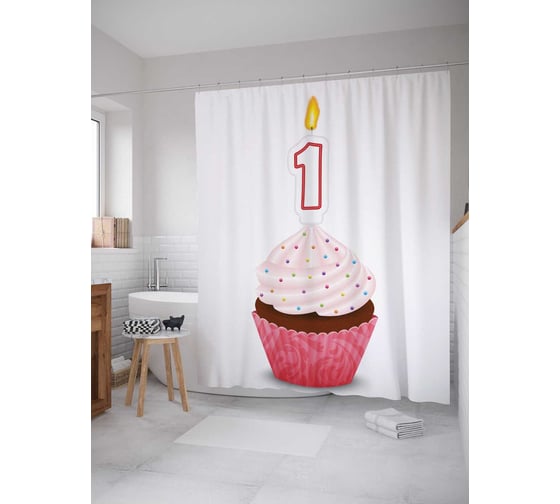 Штора (занавеска) для ванной JoyArty "Свечка на кексе" из сатена, 180х200 см с крючками, sc_35013 1