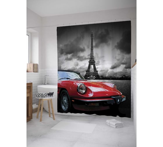 Штора (занавеска) для ванной JoyArty "Остановка в Париже" из сатена, 180х200 см с крючками, sc_33463 1