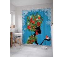Штора (занавеска) для ванной JoyArty "Рождественская прическа и снегирь" из сатена, 180х200 см с крючками, sc_5595