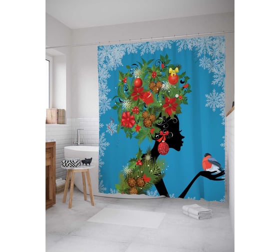 Штора (занавеска) для ванной JoyArty "Рождественская прическа и снегирь" из сатена, 180х200 см с крючками, sc_5595 1