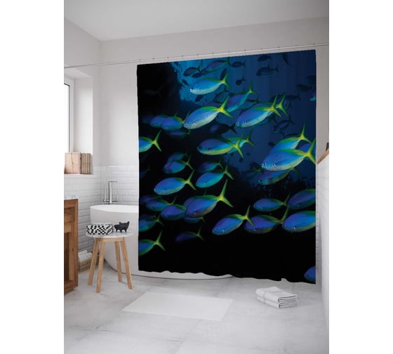 Штора (занавеска) для ванной JoyArty "Рыбная тьма" из сатена, 180х200 см с крючками, sc_4138 1