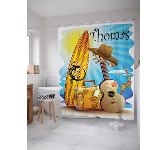 Штора (занавеска) для ванной JoyArty "Отдых Томаса" из сатена, 180х200 см с крючками, sc_3971