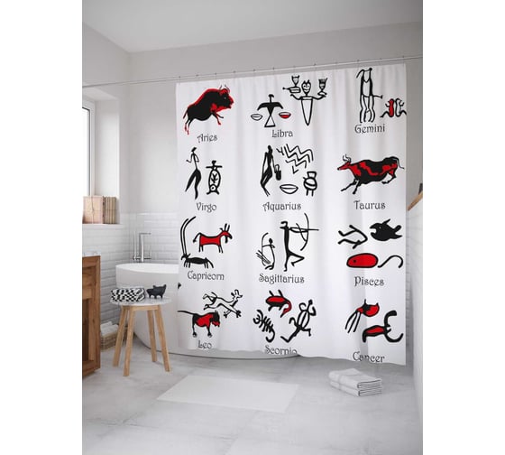 Штора (занавеска) для ванной JoyArty "Астрология с животными" из сатена, 180х200 см с крючками, sc_33733 1