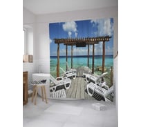 Штора (занавеска) для ванной JoyArty "Лежаки на террасе" из сатена, 180х200 см с крючками, sc_34881