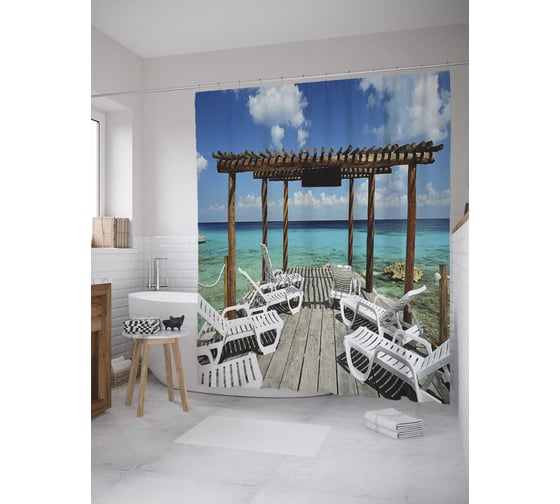 Штора (занавеска) для ванной JoyArty "Лежаки на террасе" из сатена, 180х200 см с крючками, sc_34881 1