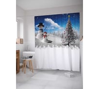 Штора (занавеска) для ванной JoyArty "Снеговики у елочки" из сатена, 180х200 см с крючками, sc_5743