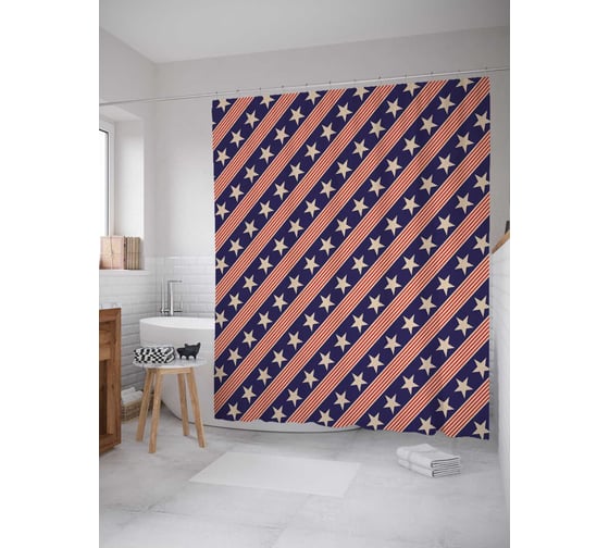 Штора (занавеска) для ванной JoyArty "Американские звезды по диагонали" из сатена, 180х200 см с крючками, sc_37703 1