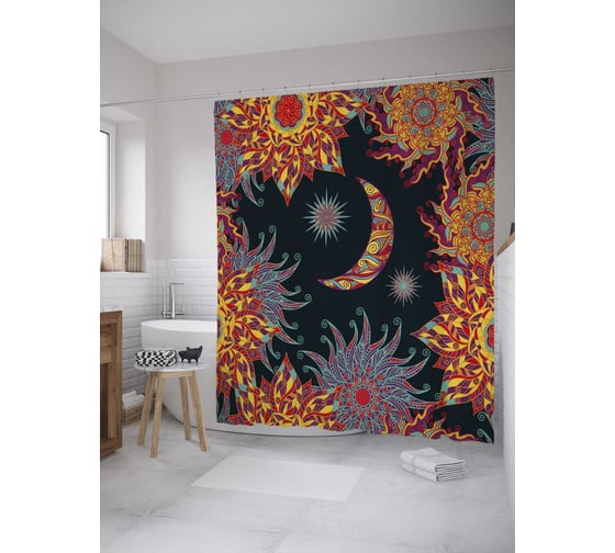 Штора (занавеска) для ванной JoyArty "Месяц среди солнц" из сатена, 180х200 см с крючками, sc_35678 1