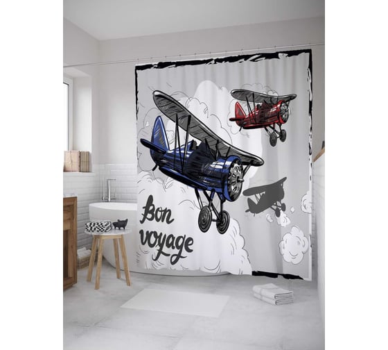 Штора (занавеска) для ванной JoyArty "Желаю хорошей поездки" из сатена, 180х200 см с крючками, sc_34648 1