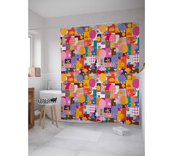 Штора (занавеска) для ванной JoyArty "Зверюшки пэчворк" из сатена, 180х200 см с крючками, sc_36544 1