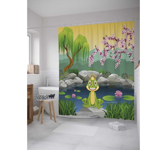 Штора (занавеска) для ванной JoyArty "Принц-лягушонок" из сатена, 180х200 см с крючками, sc_34997 1