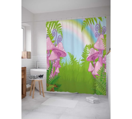 Штора (занавеска) для ванной JoyArty "Тропинка среди поганок" из сатена, 180х200 см с крючками, sc_36849 1