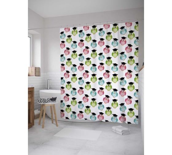 Штора (занавеска) для ванной JoyArty "Совы-выпускники" из сатена, 180х200 см с крючками, sc_36243 1