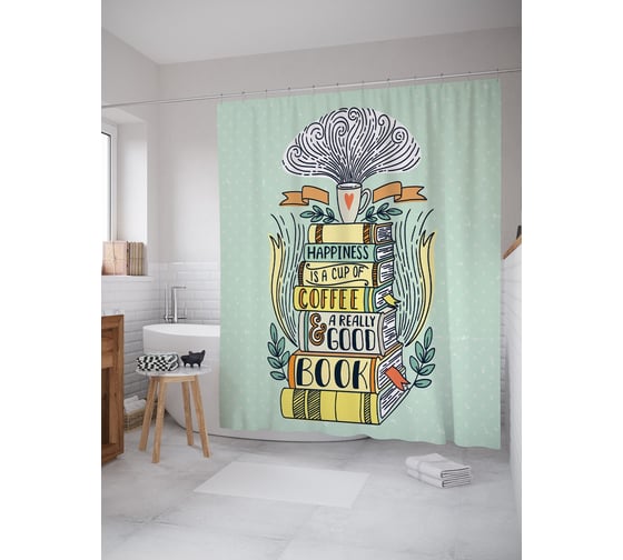 Штора (занавеска) для ванной JoyArty "Счастье - чашка кофе и действительно хорошая книга" из сатена, 180х200 см с крючками, sc_52947 1