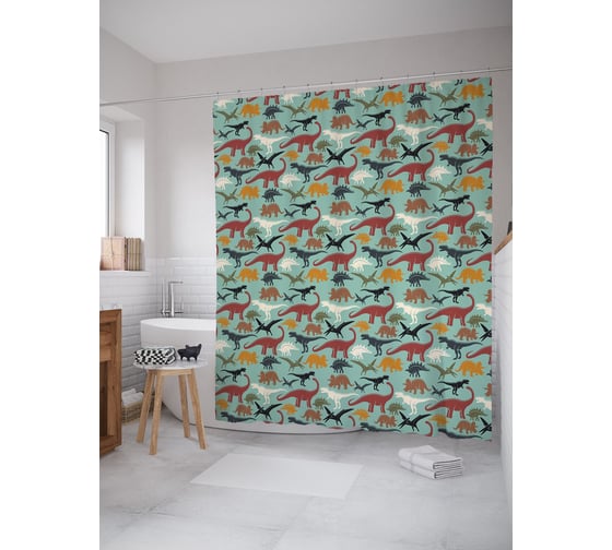 Штора (занавеска) для ванной JoyArty "Разные динозавры" из сатена, 180х200 см с крючками, sc_54108 1