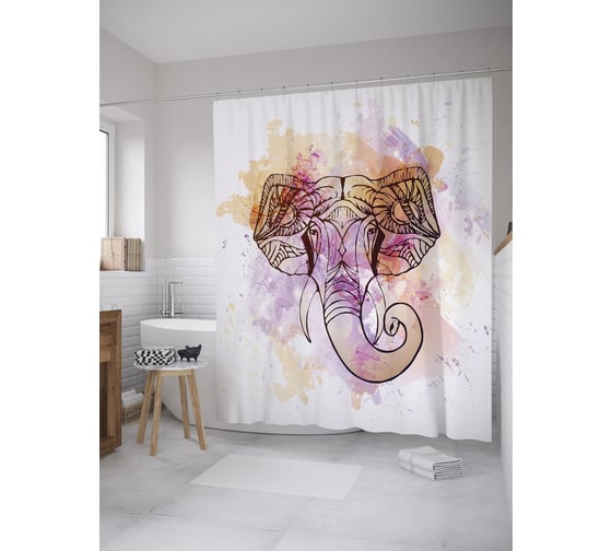 Штора (занавеска) для ванной JoyArty "Индийский слон" из сатена, 180х200 см с крючками, sc_59857 1