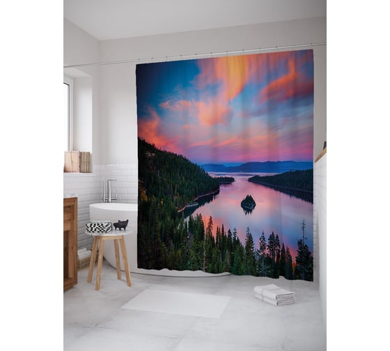 Штора (занавеска) для ванной JoyArty "Озеро с островком" из сатена, 180х200 см с крючками, sc_53675 1