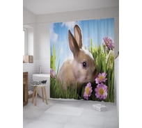 Штора (занавеска) для ванной JoyArty "Заяц нюхает цветы" из сатена, 180х200 см с крючками, sc_60230
