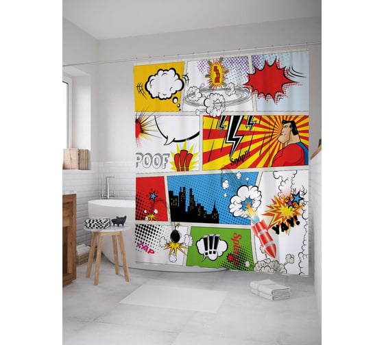 Штора (занавеска) для ванной JoyArty "Страница комикса" из сатена, 180х200 см с крючками, sc_38710 1