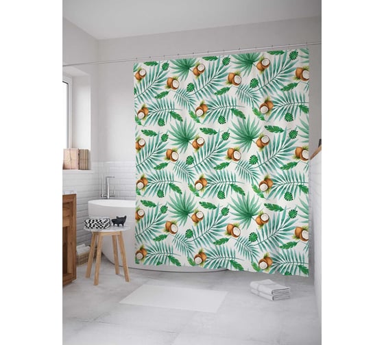 Штора (занавеска) для ванной JoyArty "Кокосовые пальмы" из сатена, 180х200 см с крючками, sc_50075