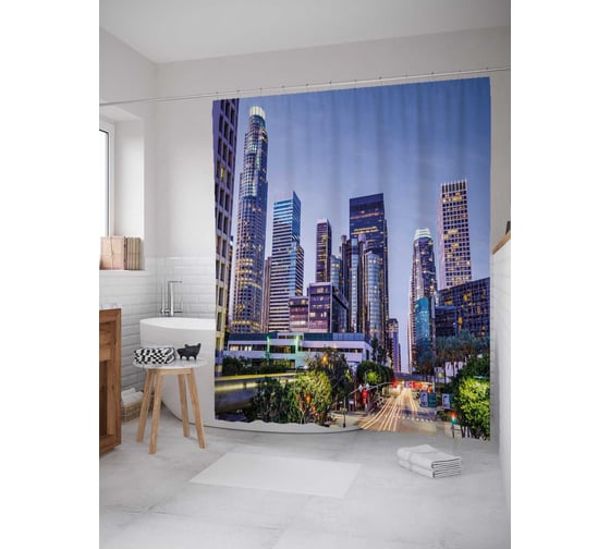 Штора (занавеска) для ванной JoyArty "Отличная погода в мегаполисе" из сатена, 180х200 см с крючками, sc_38545 1