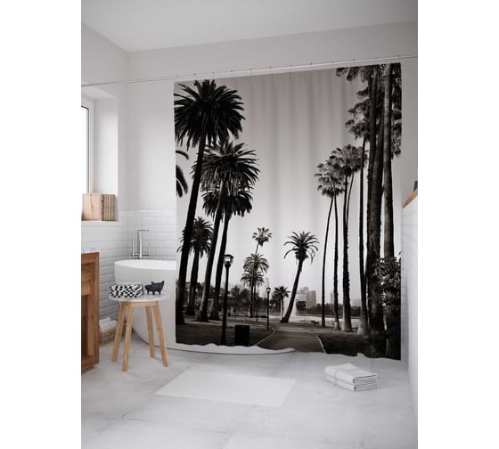 Штора (занавеска) для ванной JoyArty "Дорога среди пальм" из сатена, 180х200 см с крючками, sc_38168 1