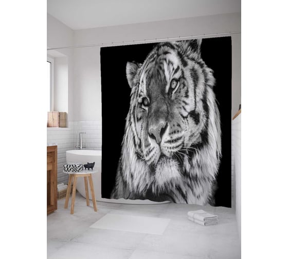 Штора (занавеска) для ванной JoyArty "Тигр монохром" из сатена, 180х200 см с крючками, sc_38658 1