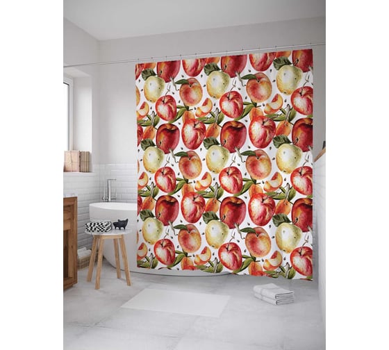 Штора (занавеска) для ванной JoyArty "Яблочный арт" из сатена, 180х200 см с крючками, sc_52365 1