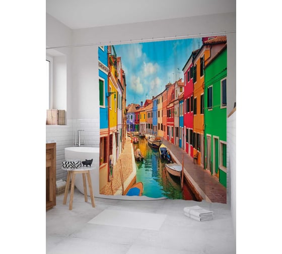 Штора (занавеска) для ванной JoyArty "Лодки на каналах" из сатена, 180х200 см с крючками, sc_37914 1