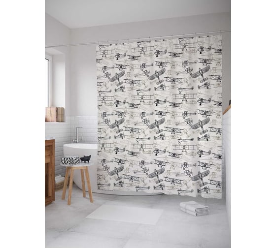 Штора (занавеска) для ванной JoyArty "Чертежи самолетов" из сатена, 180х200 см с крючками, sc_53394 1