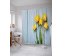 Штора (занавеска) для ванной JoyArty "Желтые тюльпаны на деревянных досках" из сатена, 180х200 см с крючками, sc_59399