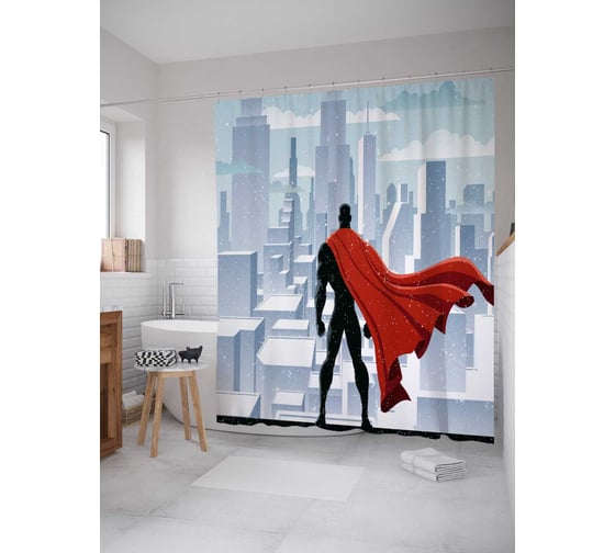 Штора (занавеска) для ванной JoyArty "Супергерой на страже города" из сатена, 180х200 см с крючками, sc_38707 1