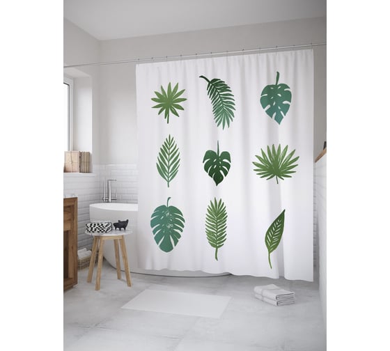 Штора (занавеска) для ванной JoyArty "Ботаника тропических листьев" из сатена, 180х200 см с крючками, sc_60507 1