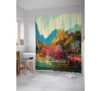Штора (занавеска) для ванной JoyArty "Осень у горного озера" из сатена, 180х200 см с крючками, sc_38441