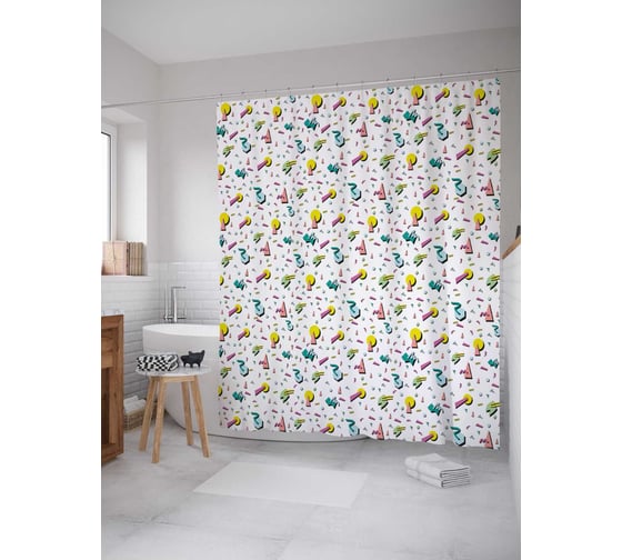 Штора (занавеска) для ванной JoyArty "Геометрические рычаги" из сатена, 180х200 см с крючками, sc_37461 1