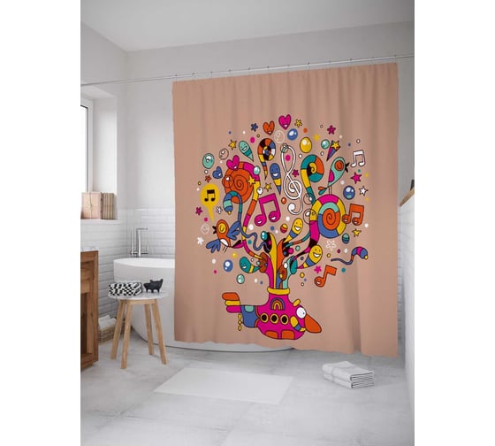 Штора (занавеска) для ванной JoyArty "Музыкальная субмарина" из сатена, 180х200 см с крючками, sc_38581 1