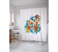 Штора (занавеска) для ванной JoyArty "Жар-птицы в цветах" из сатена, 180х200 см с крючками, sc_53159