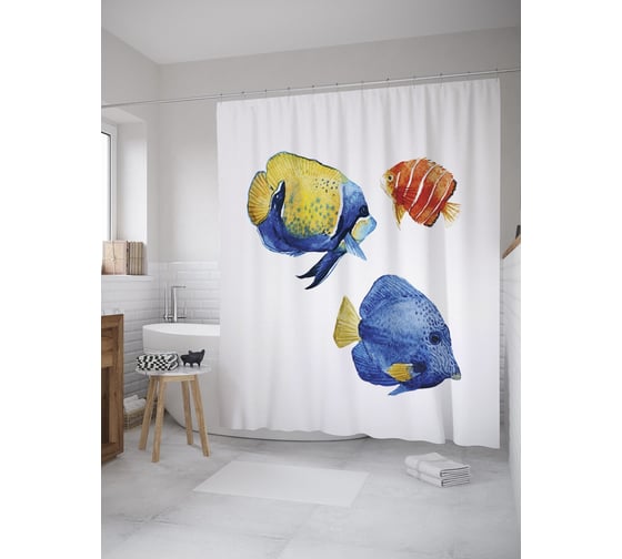 Штора (занавеска) для ванной JoyArty "Три акварельные рыбки" из сатена, 180х200 см с крючками, sc_55057 1