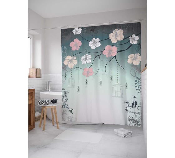 Штора (занавеска) для ванной JoyArty "Птичьи клетки" из сатена, 180х200 см с крючками, sc_3512 1