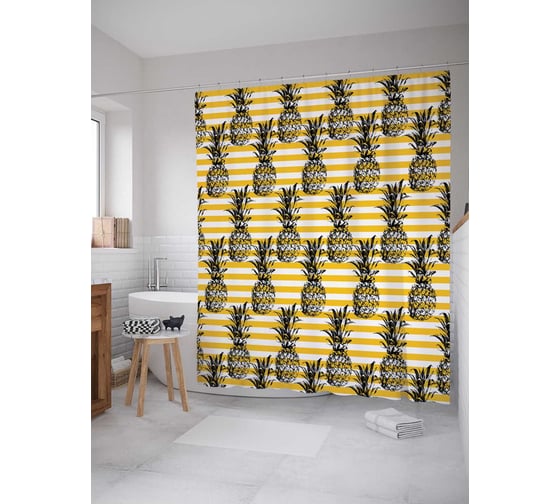 Штора (занавеска) для ванной JoyArty "Ананасовый рай" из сатена, 180х200 см с крючками, sc_47783 1