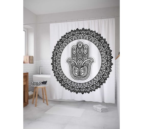 Штора (занавеска) для ванной JoyArty "Хамса в орнаментальном венке" из сатена, 180х200 см с крючками, sc_38612 1