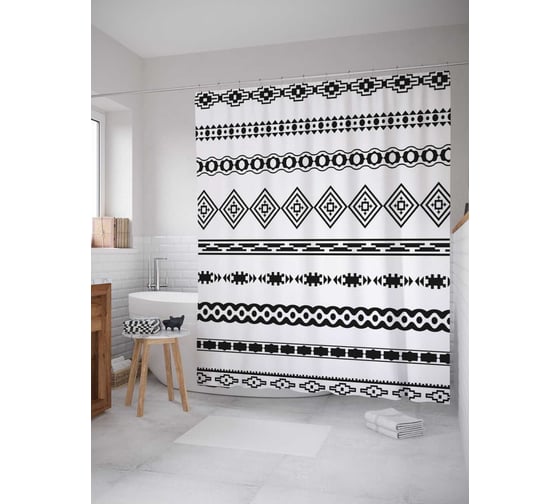 Штора (занавеска) для ванной JoyArty "Монохромный орнамент" из сатена, 180х200 см с крючками, sc_37310