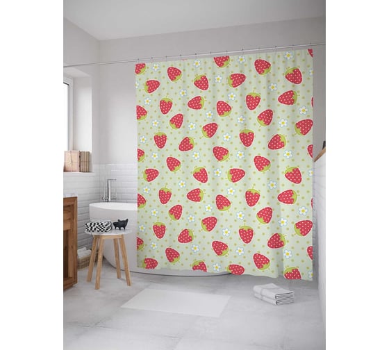 Штора (занавеска) для ванной JoyArty "Клубничные сердца" из сатена, 180х200 см с крючками, sc_47774 1