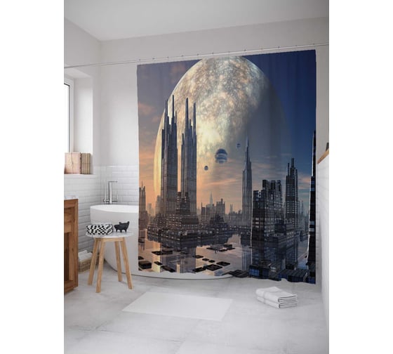 Штора (занавеска) для ванной JoyArty "Нападение планеты" из сатена, 180х200 см с крючками, sc_38546 1